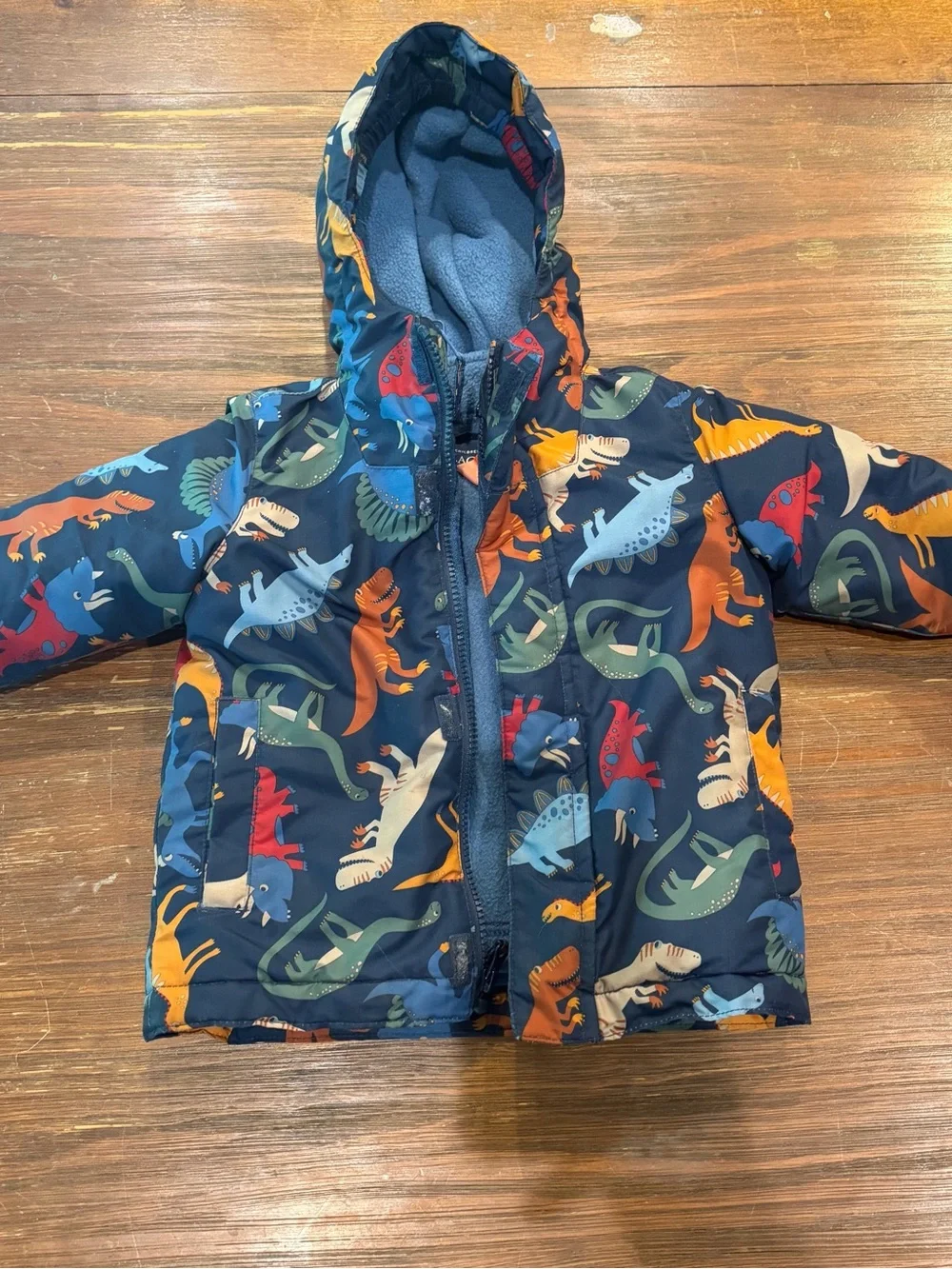 The Children's Place Navy Hooded Puffer Jacket with Multicolor Dinosaur Print